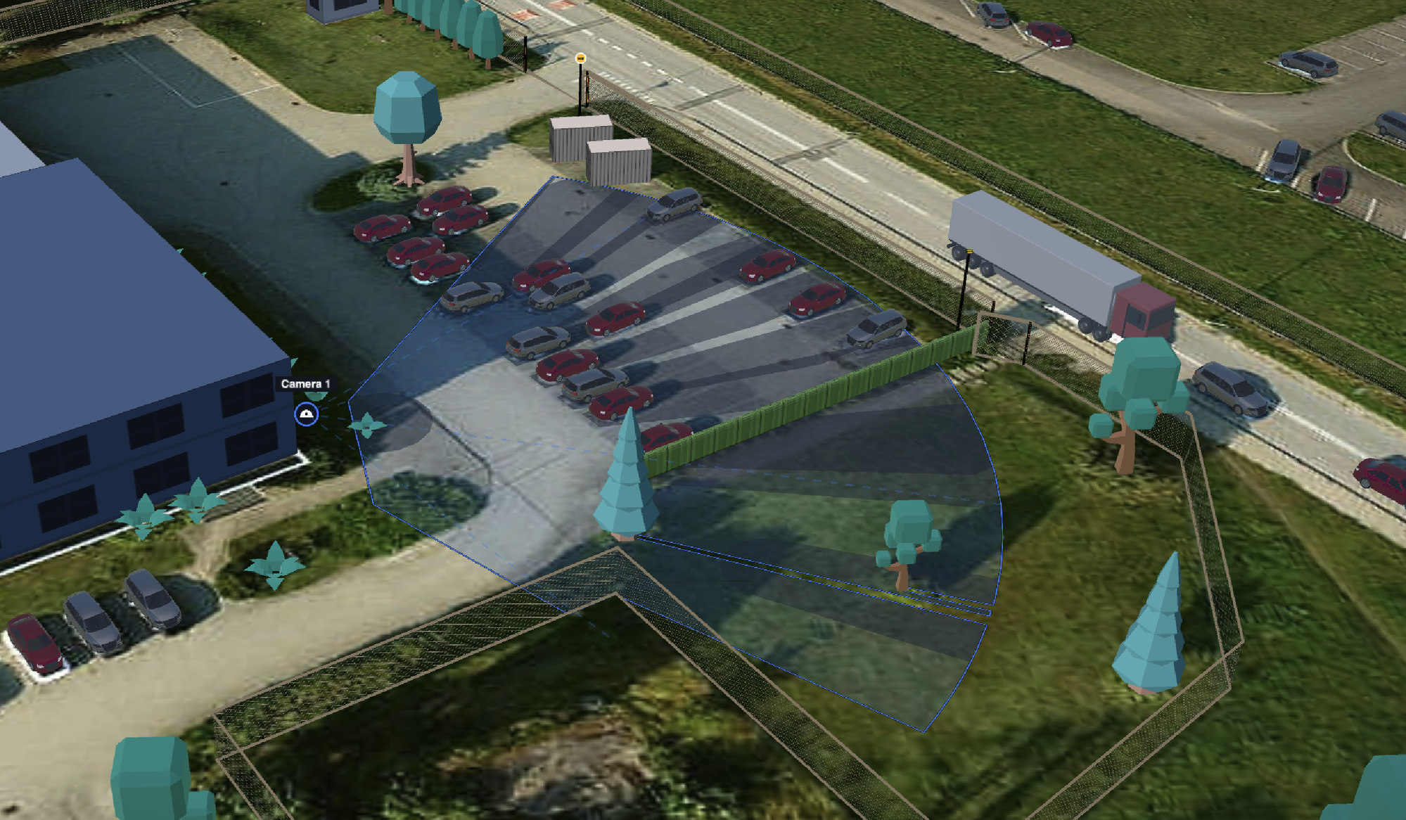 3D view of the same site: Camera 1 on the office wall with its field of view laid over the car park, cars, trees and the fence in place