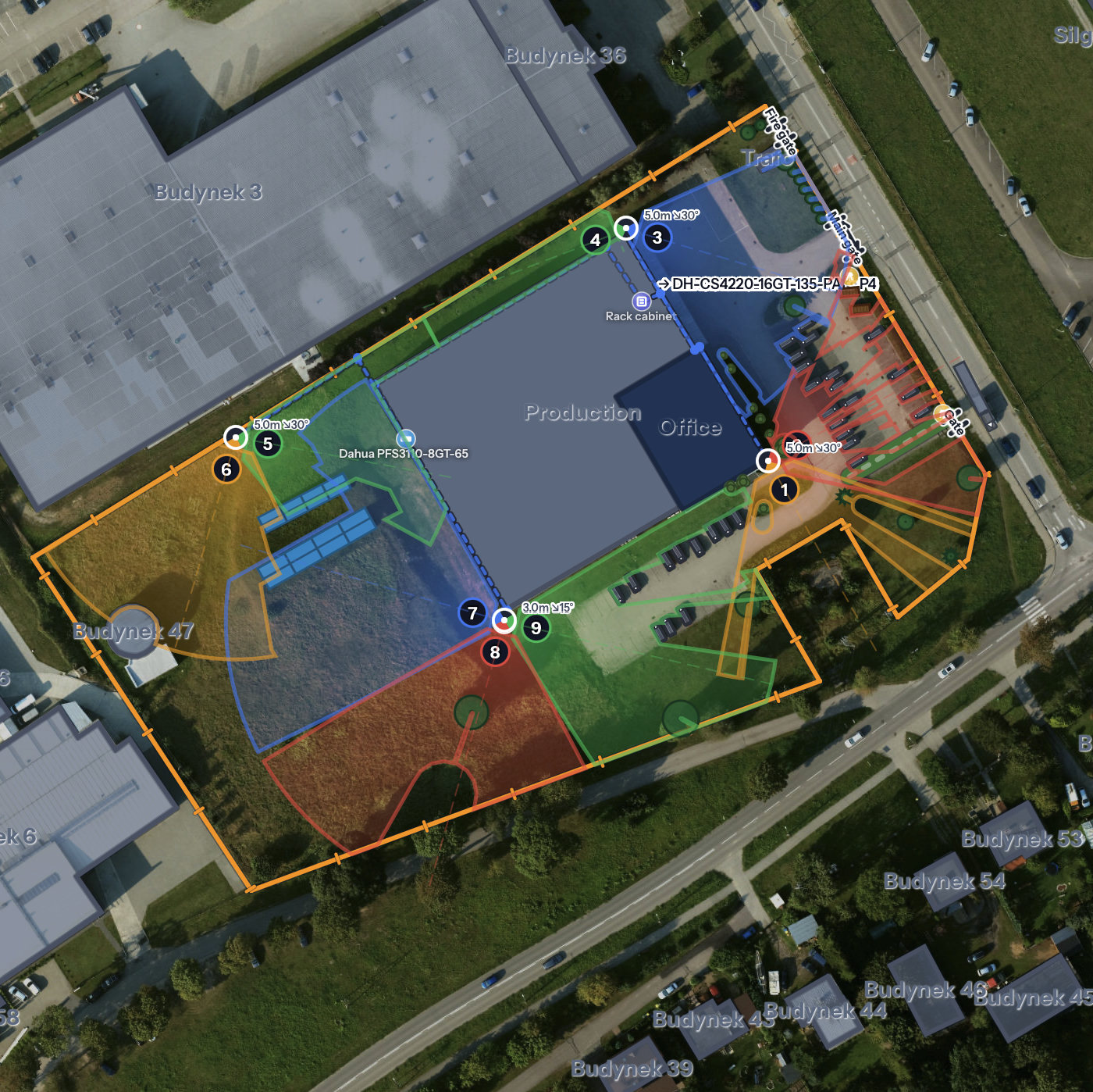 TodAidesign site plan on satellite imagery: nine cameras around a factory, each with its colour-coded DORI coverage, the fence line, two gates, the rack cabinet and the switch